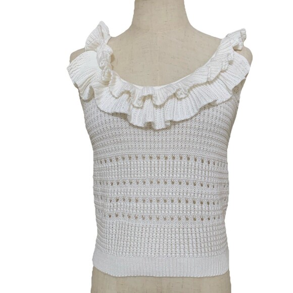 7 For All Mankind Size Small White Boho Crochet Ruffle‎ Cropped Tank Top - Picture 2 of 4